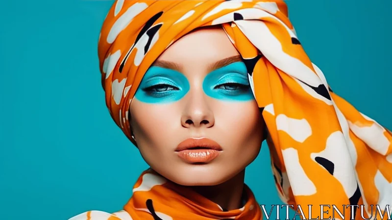 Young Woman Portrait with Blue Eyeshadow and Colorful Headscarf AI Image