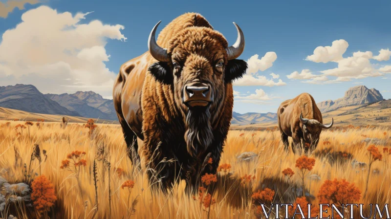 Bison Painting in Field of Yellow Flowers AI Image