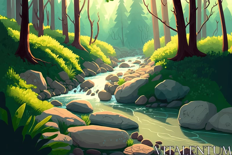 Captivating Cartoon River in the Woods - Nature Art AI Image
