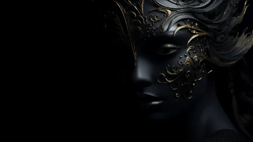 Golden Masked Woman Portrait in Black Background