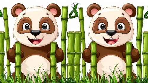 Happy Cartoon Pandas in Bamboo Forest