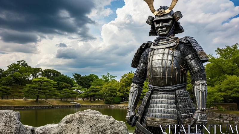 Majestic Samurai Statue in Japanese Garden AI Image