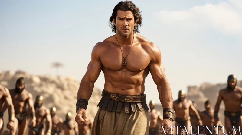 Muscular Man in Ancient Desert Setting AI Image