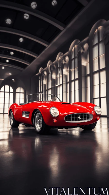 Red Sports Car in a Large Hall - Classic Glamour Artwork AI Image