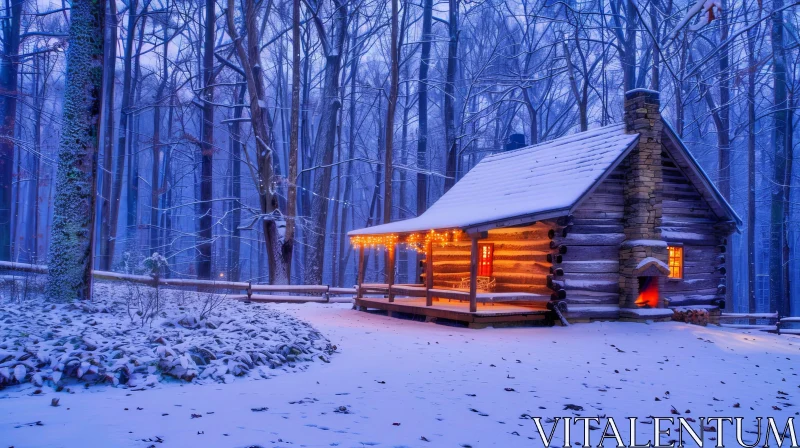 Snow-Covered Cabin in Woods at Night AI Image