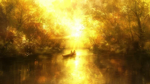 Tranquil Autumn Lake Scene with Rowing Couple