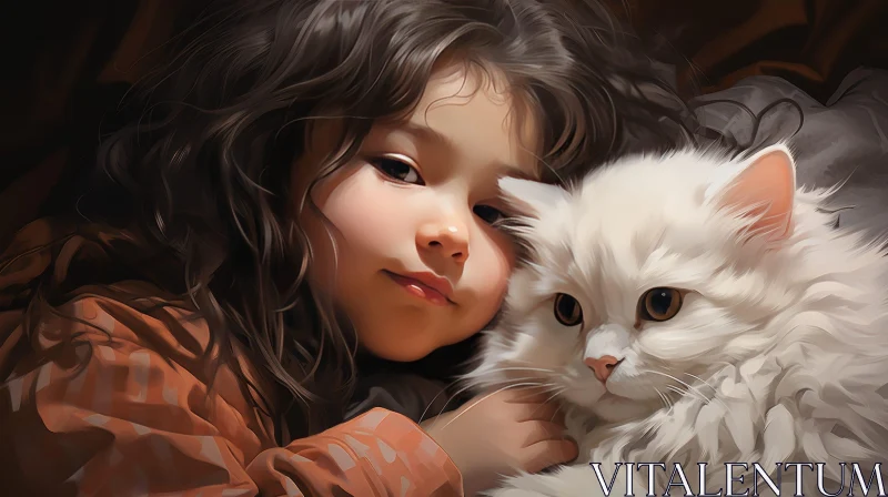 Young Girl Portrait with Cat on Bed AI Image