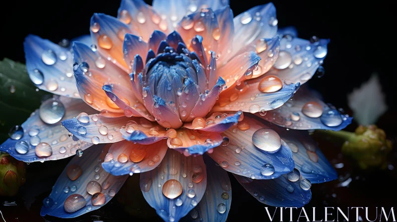 AI ART Blue and Orange Flower with Water Droplets