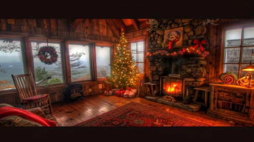 Cozy Christmas Living Room with Fireplace and Snow-Capped Mountain View