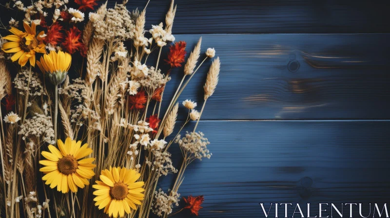 AI ART Elegant Dried Flower Flat Lay on Blue Background