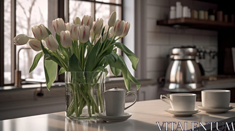 AI ART White Tulips in Glass Vase - Kitchen Scene
