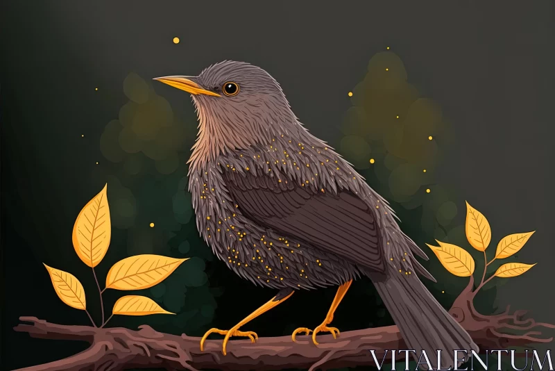 Bird on Branch: Realistic Chiaroscuro Cartoon Illustration AI Image