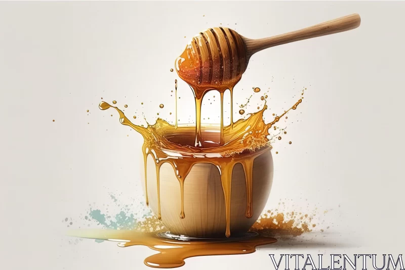 Captivating Still Life Art: Cup of Honey with Wooden Spoon | Detailed Illustrations AI Image