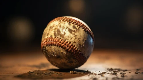 Detailed Close-Up of Worn Baseball on Wooden Surface