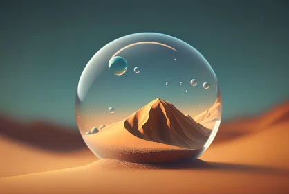 Surreal Glass Sphere with Planet in Desert - Vibrant Illustrations