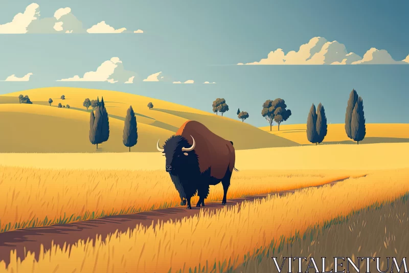 Vibrant Bison Illustration in a Field | Retro Style AI Image
