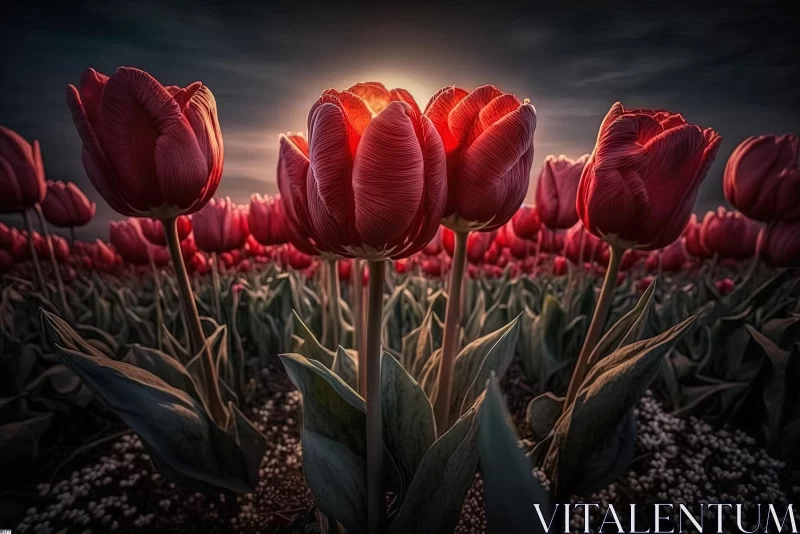 AI ART Captivating Field of Red Tulips at Sunset | Romantic Nature Photography
