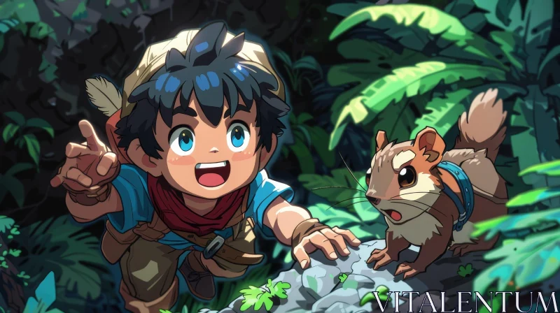 Cheerful Cartoon Illustration of Boy and Squirrel in Forest AI Image