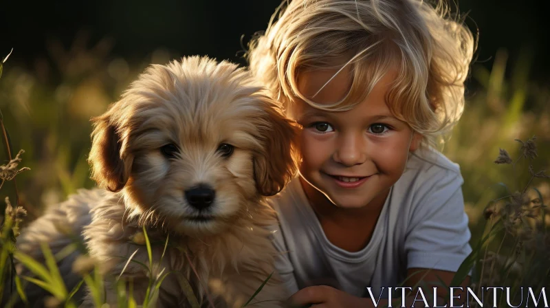 Smiling Boy with Puppy in Grass AI Image