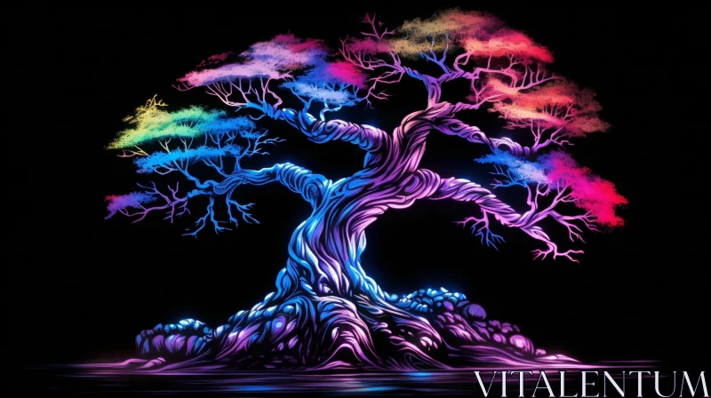 Bonsai Tree Digital Painting with Rainbow Leaves AI Image