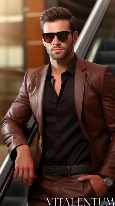 Confident Young Man in Brown Leather Suit on Escalator AI Image