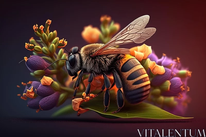 Hyper-Realistic Bee Illustration on Dark Background with Flowers AI Image