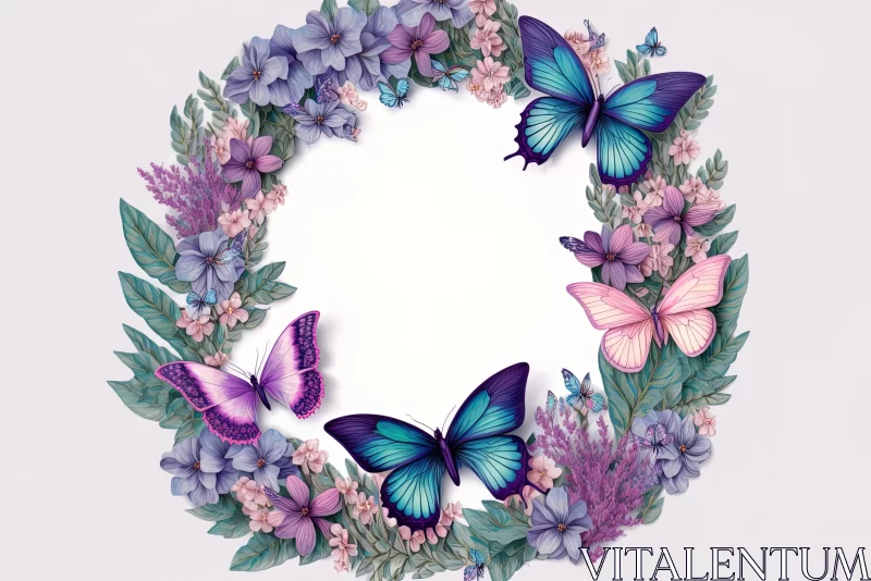 Hyperrealistic Butterfly Art: Purple and Blue Butterflies in a Circular Wreath AI Image