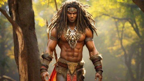 Powerful Man in Forest with Spear