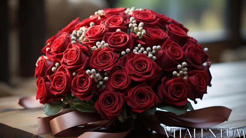 Red Roses Bouquet on Wooden Table AI Image