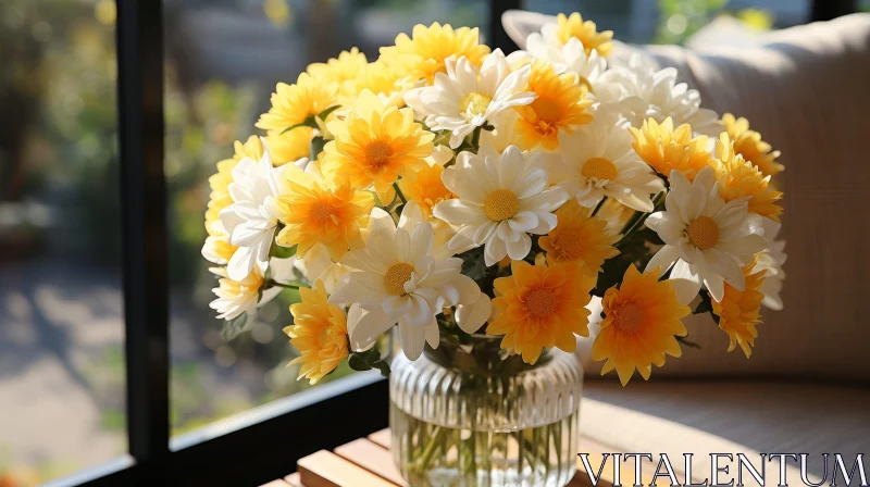 Serene Bouquet of White and Yellow Daisies in Glass Vase AI Image