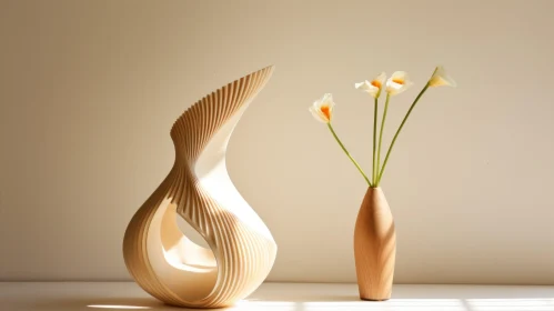 White Ceramic and Wooden Vase Still Life Composition