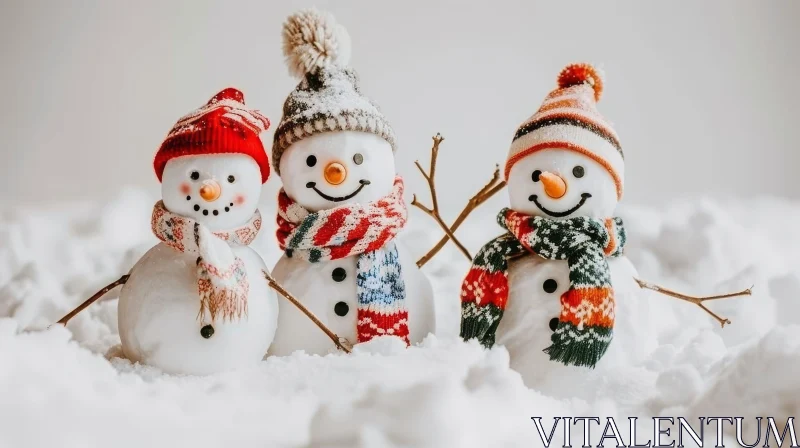 Cheerful Snowmen in Winter Scene AI Image