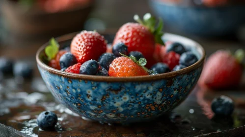 Fresh Berry Mix in Ceramic Bowl on Wooden Table
