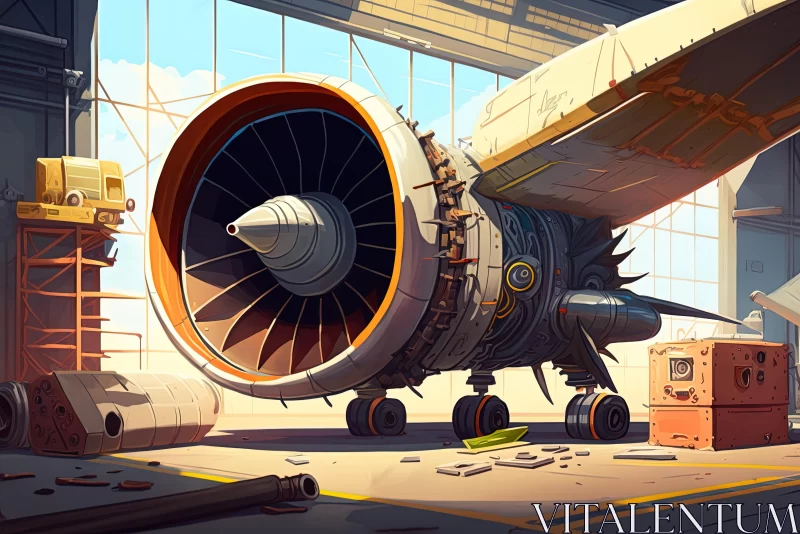Intricate Airplane Engine Illustration in a Rustic Barn - Vibrant Artwork AI Image