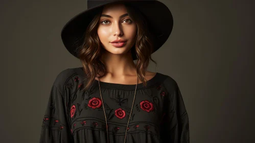 Serious Young Woman in Black Hat and Red Floral Dress