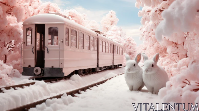 AI ART Winter Train and Rabbits in Pink Forest