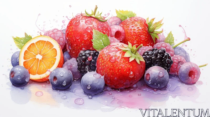 Berries and Citrus Fruits Watercolor Painting AI Image