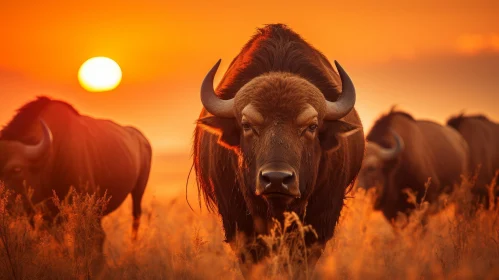 Bison in Field at Sunset