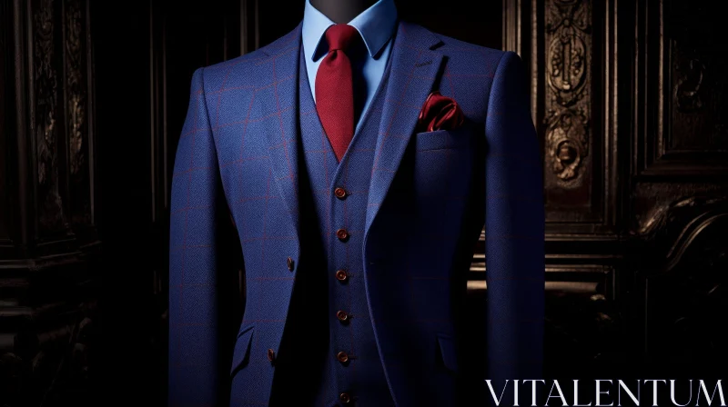 AI ART Blue Suit with Red Tie and Pocket Square - Classic Wool Blend