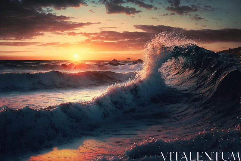 Breathtaking Sunset Over the Ocean with Crashing Wave - Hyperrealistic Fantasy Art AI Image