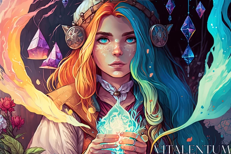 AI ART Captivating Art: Girl with Long Hair and Crystal | Vibrant 2D Game Art