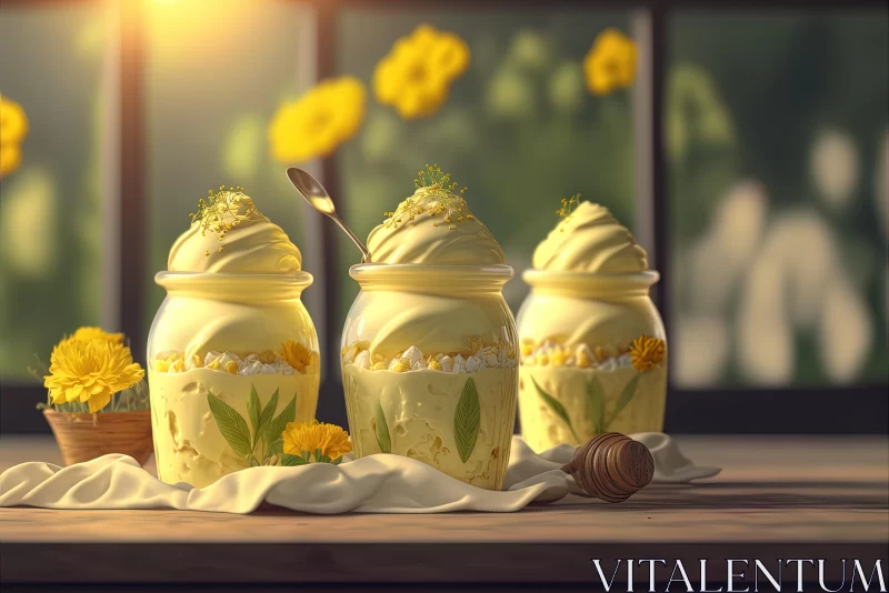 Captivating Desserts in Jars with Yellow Flowers - Highly Detailed and Dreamlike Illustrations AI Image