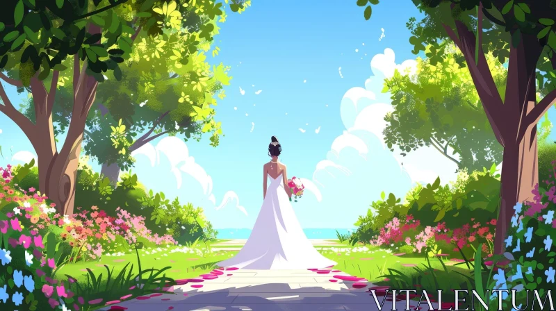 Cartoon Bride in Lush Garden - Ocean View AI Image