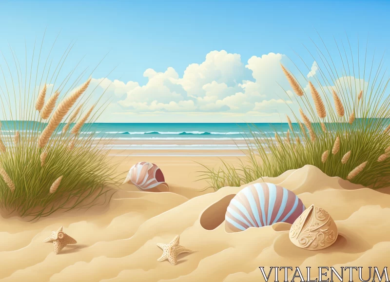 Sandy Beach with Seashells and Grass - Charming and Mysterious Seascapes AI Image