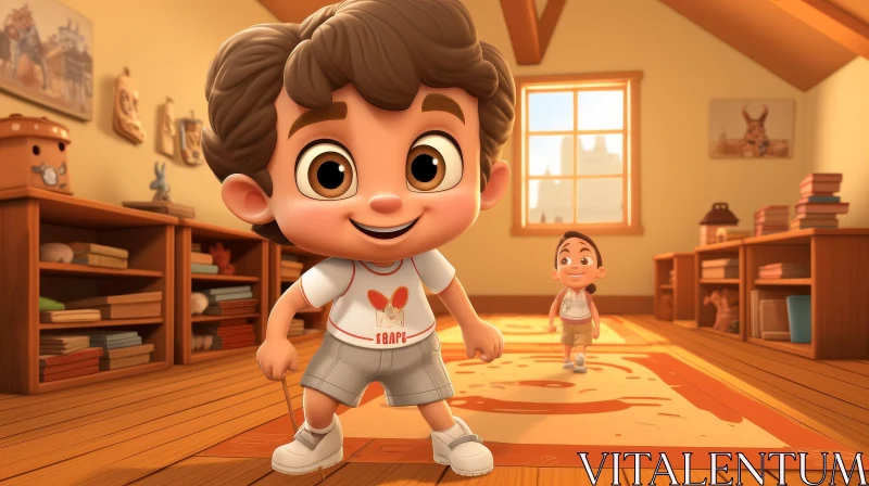 3D Cartoon Character of a Young Boy in Room AI Image