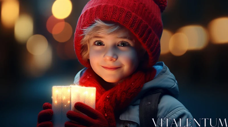 Charming Boy with Candle in Red Beanie | Bokeh Lights Background AI Image