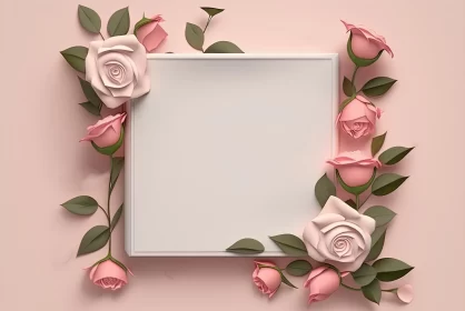 Delicate Pink Roses and Leaves Frame | Minimalistic 3D Rendering
