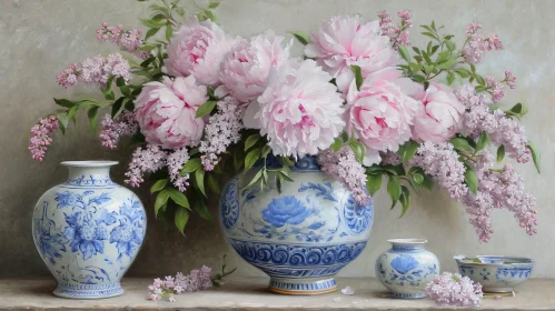 Elegant Still Life: Pink Peonies and Lilac Flowers in Porcelain Vase