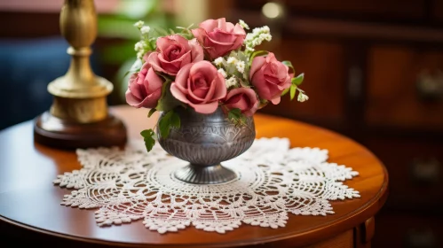 Elegant Still Life with Pink Roses on Wooden Table