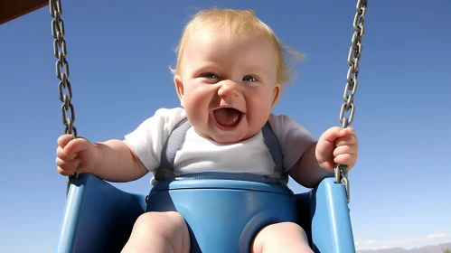 Happy Baby Swinging in Blue Swing